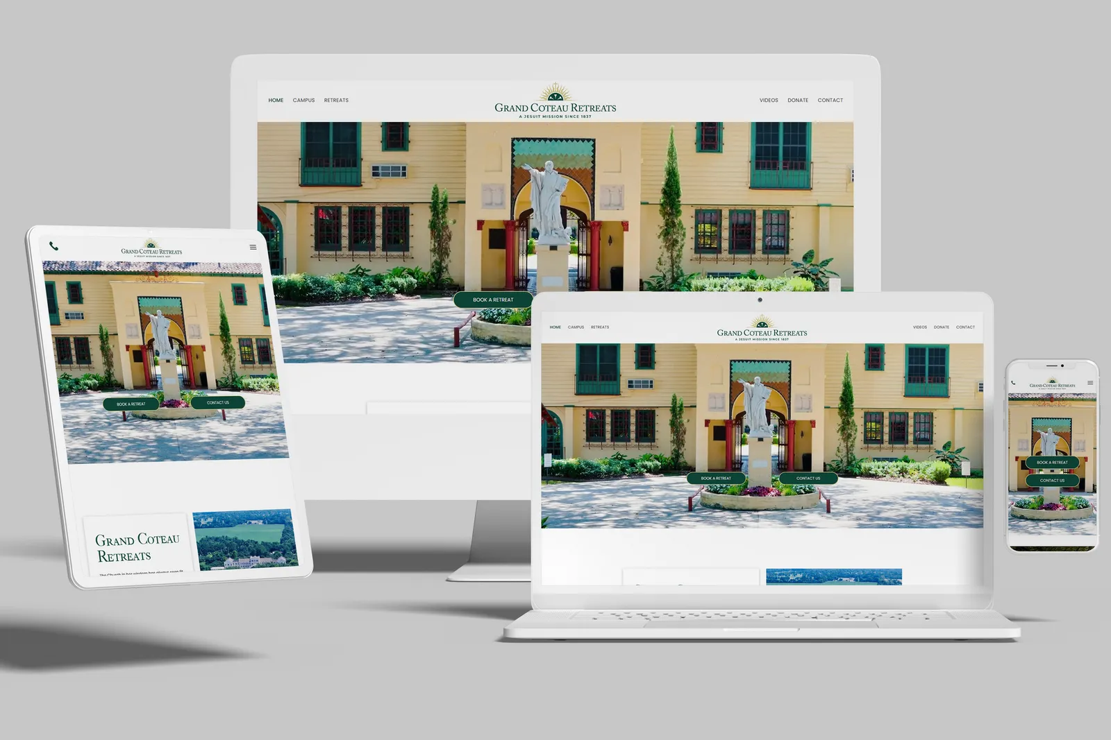 Retreat center website shown on desktop, laptop, tablet and phone