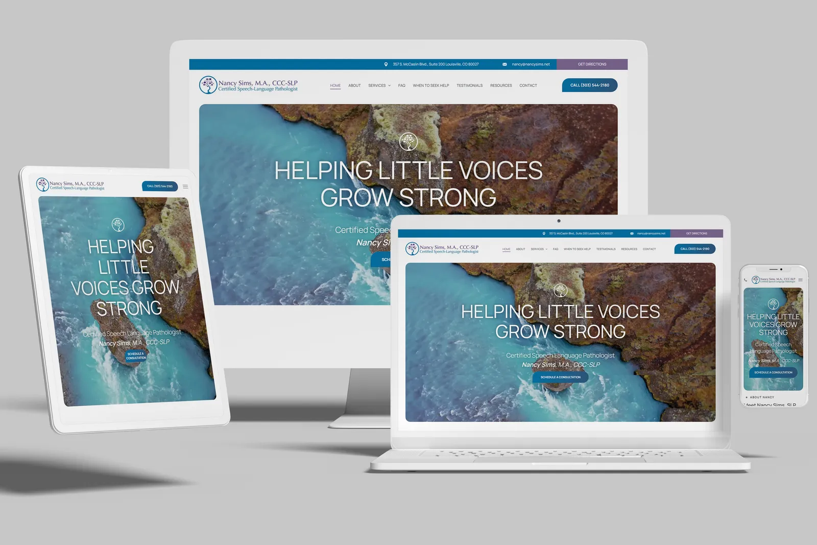 Speech therapy practice website shown on desktop, laptop, tablet and phone
