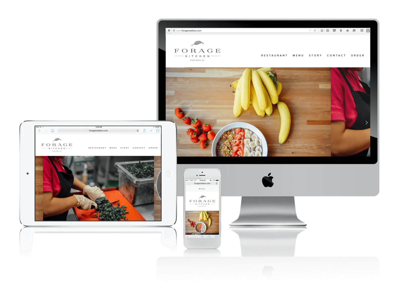 Salad and juice bar website shown on desktop, laptop, tablet and phone