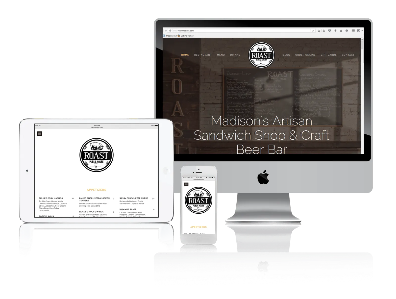 Madison sandwich and craft beer bar website shown on desktop, laptop, tablet and phone