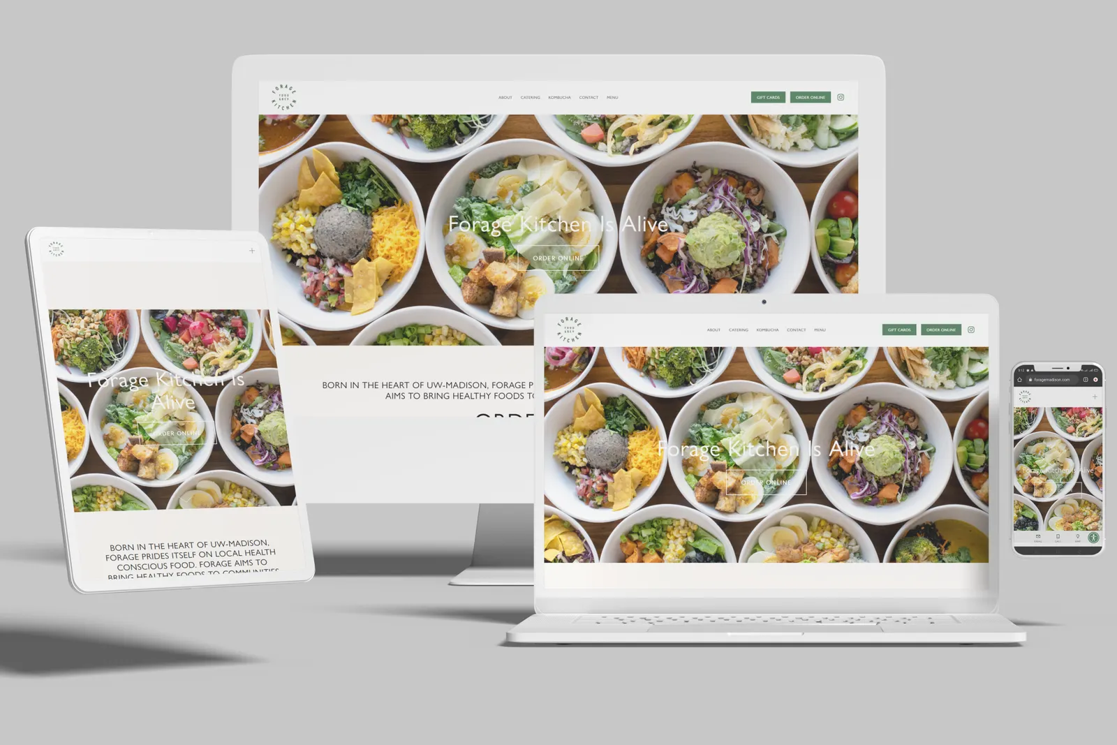Healthy restaurant website shown on desktop, laptop, tablet and phone