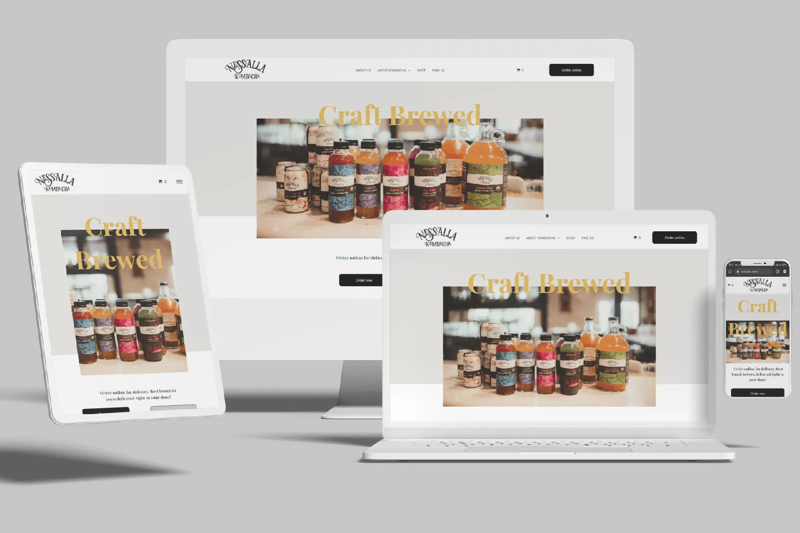 Kombucha brand website shown on desktop, laptop, tablet and phone