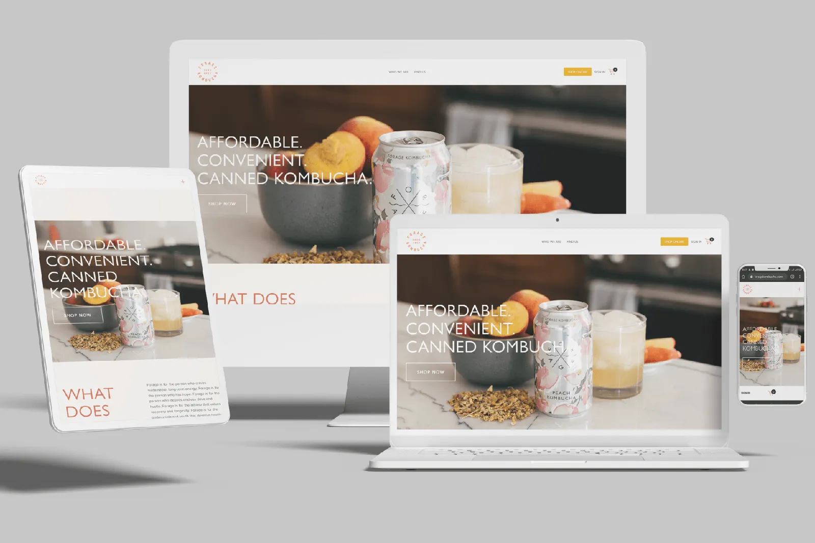 Beverage brand website shown on desktop, laptop, tablet and phone