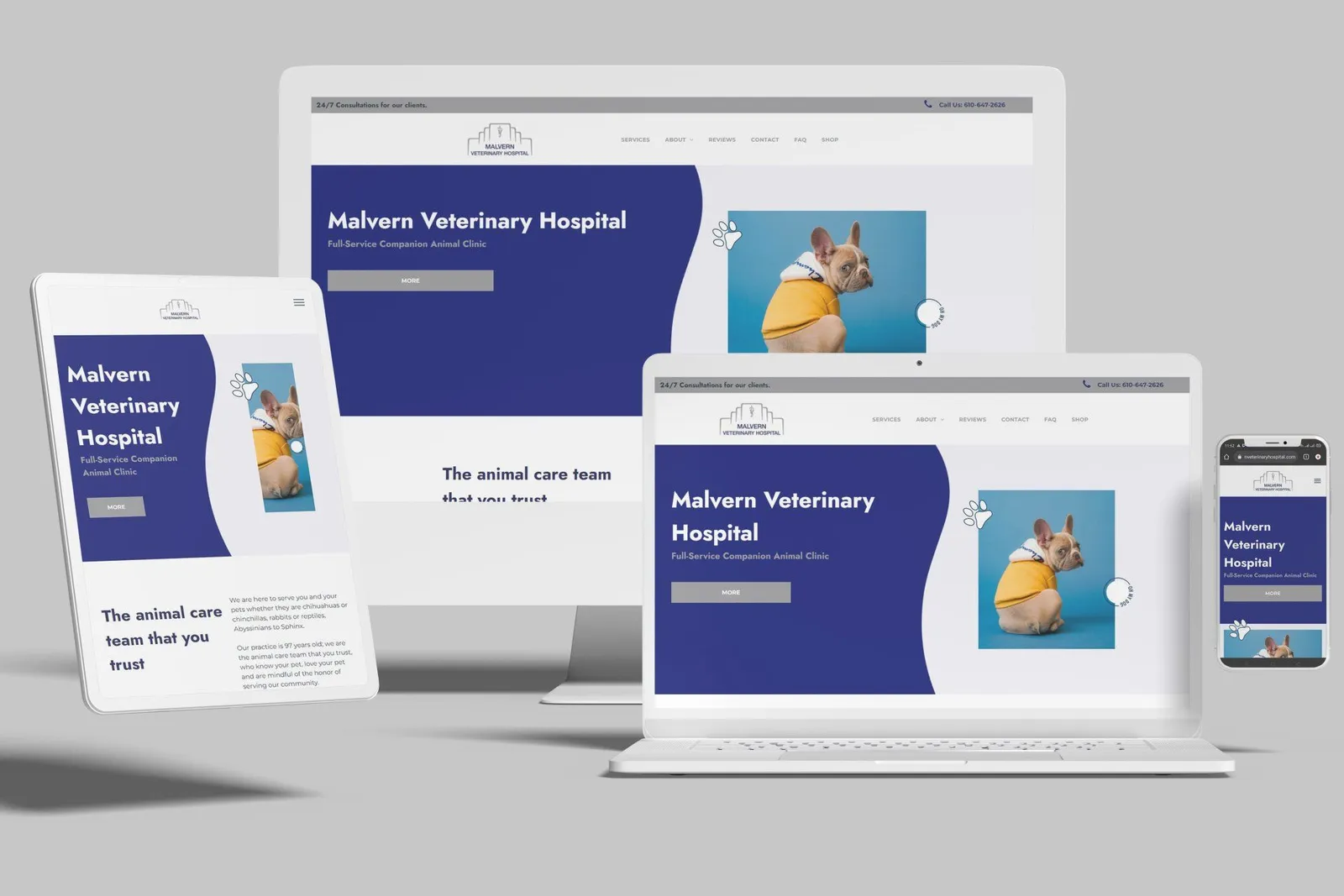 Veterinary hospital website shown on desktop, laptop, tablet and phone