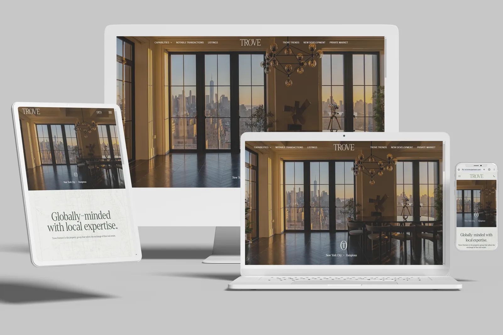 Luxury real estate website shown on desktop, laptop, tablet and phone
