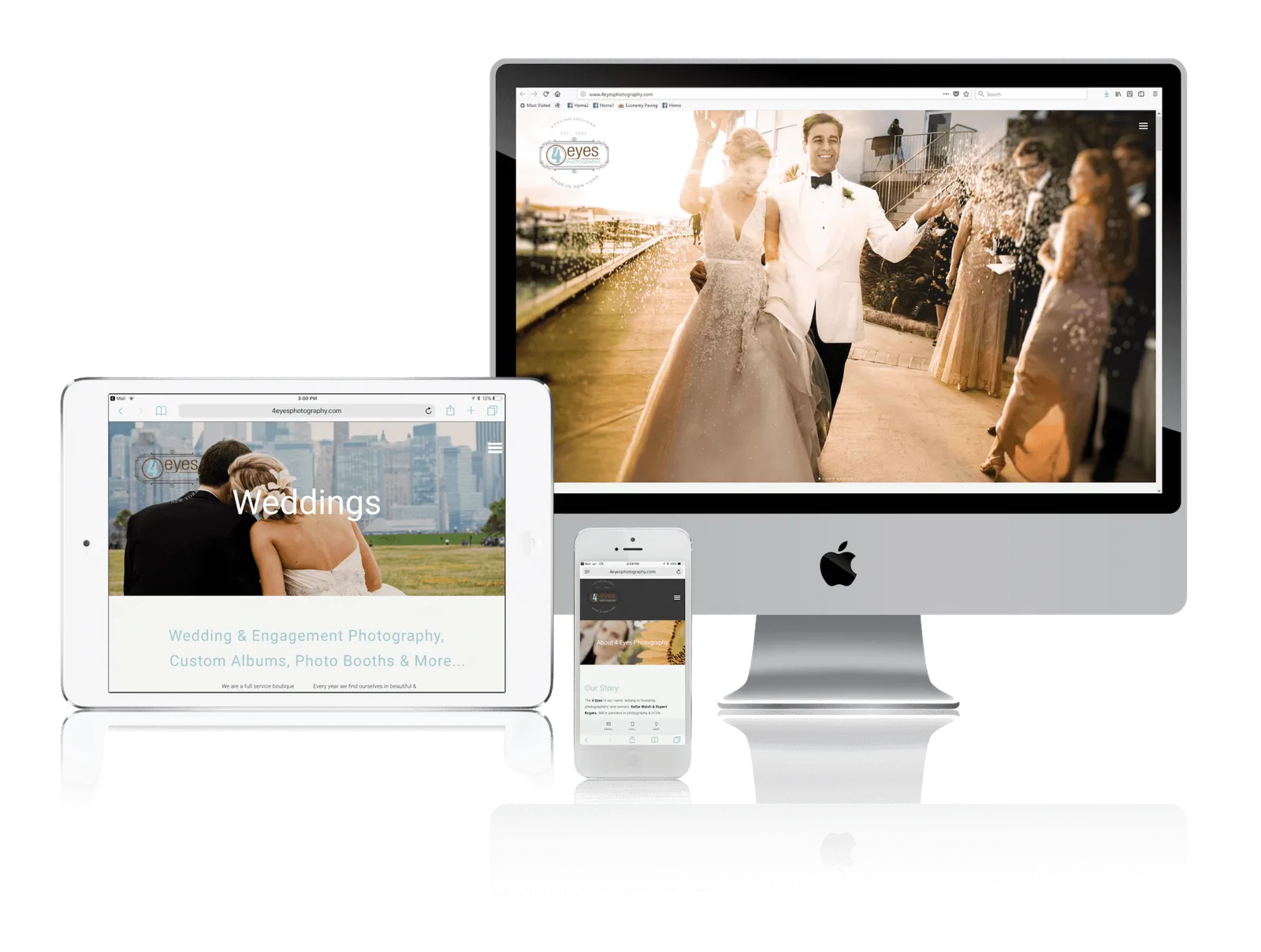 Wedding photography studio website shown on desktop, laptop, tablet and phone