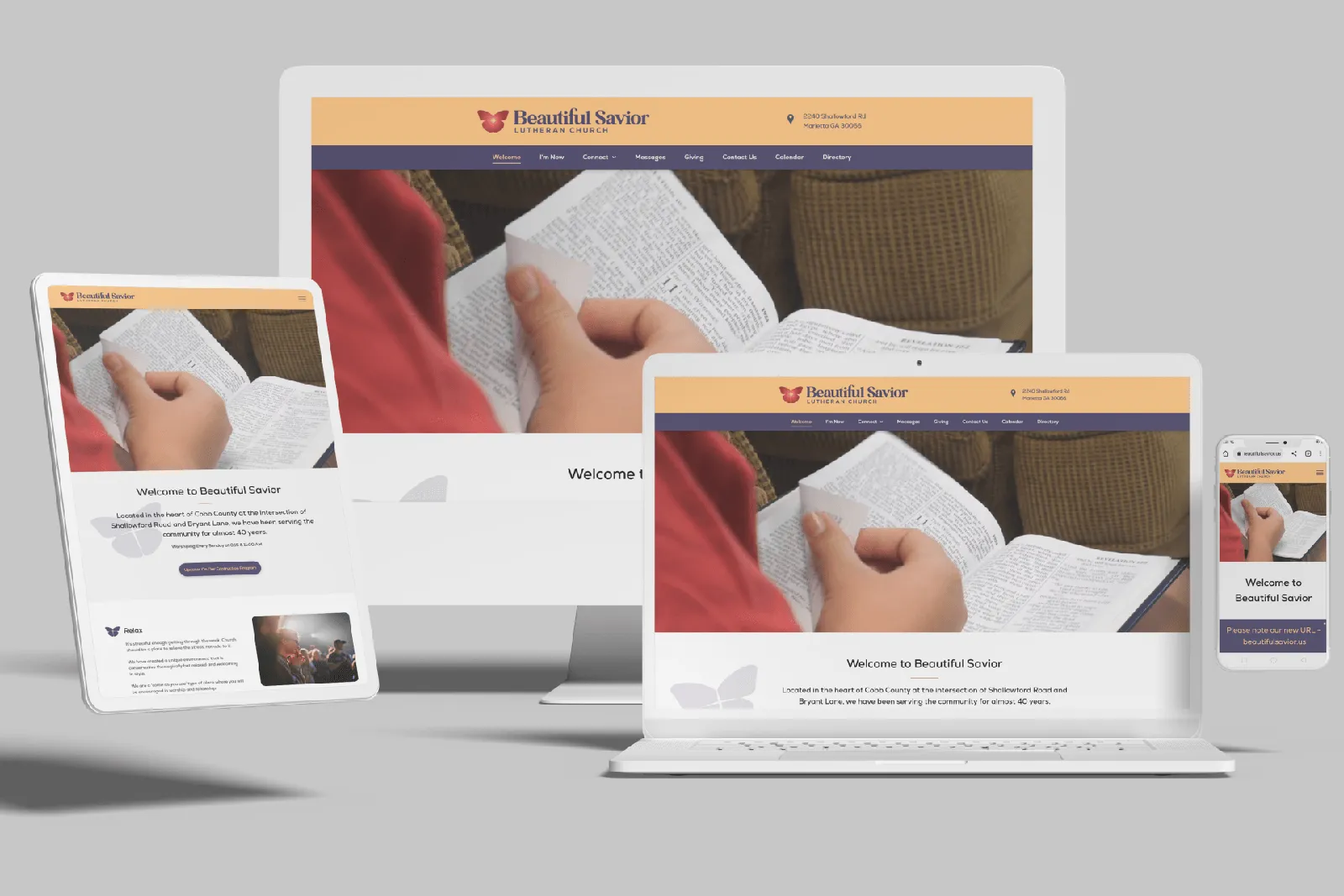 Church website shown on desktop, laptop, tablet and phone