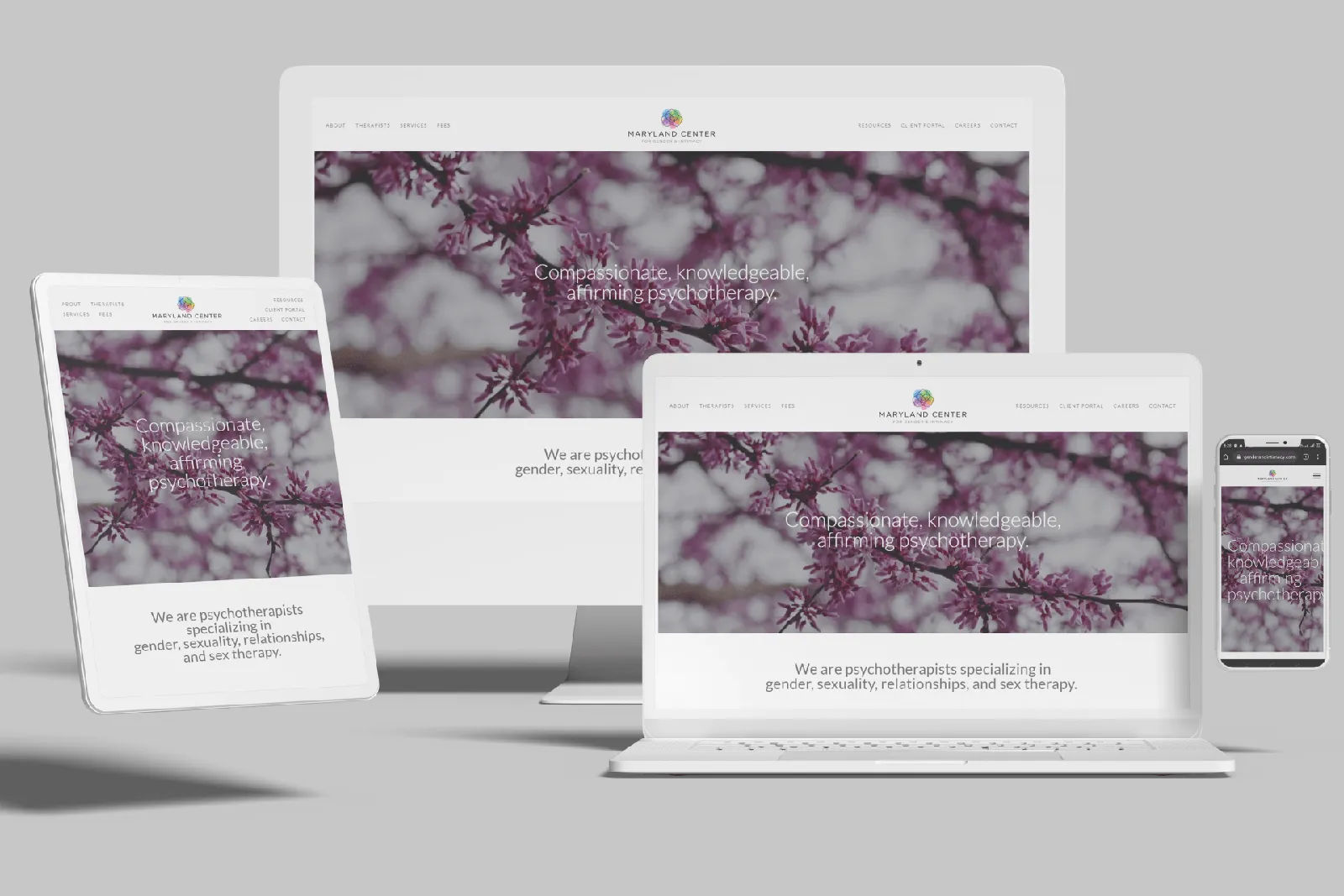 Therapy practice website shown on desktop, laptop, tablet and phone