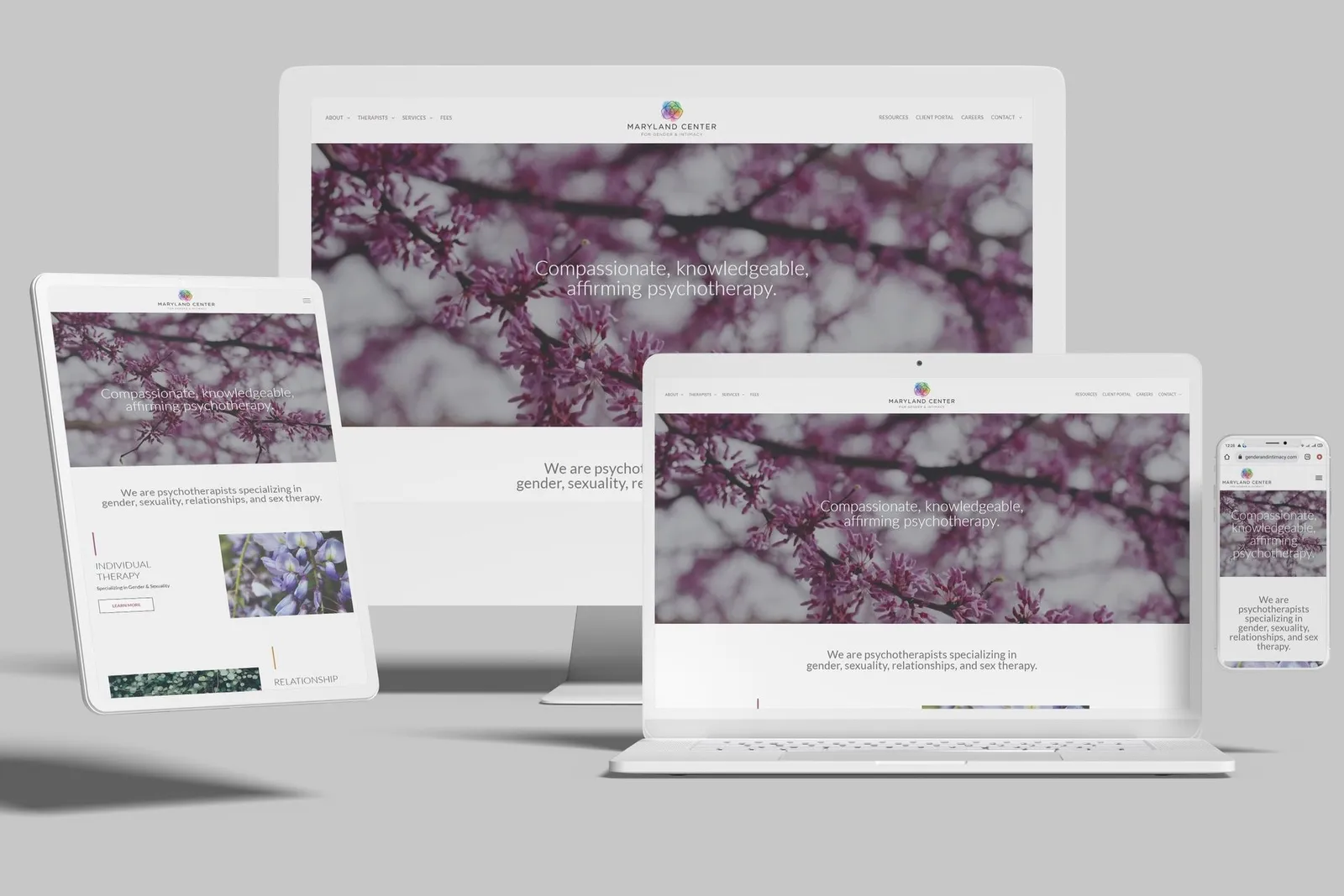 Therapy practice website shown on desktop, laptop, tablet and phone