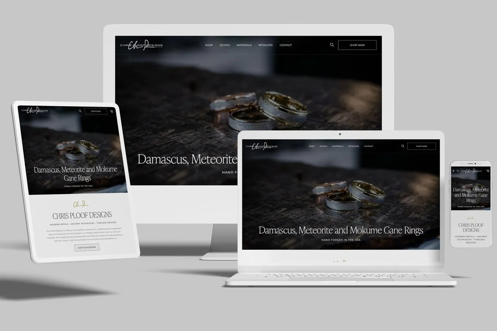 Jewelry designer website shown on desktop, laptop, tablet and phone