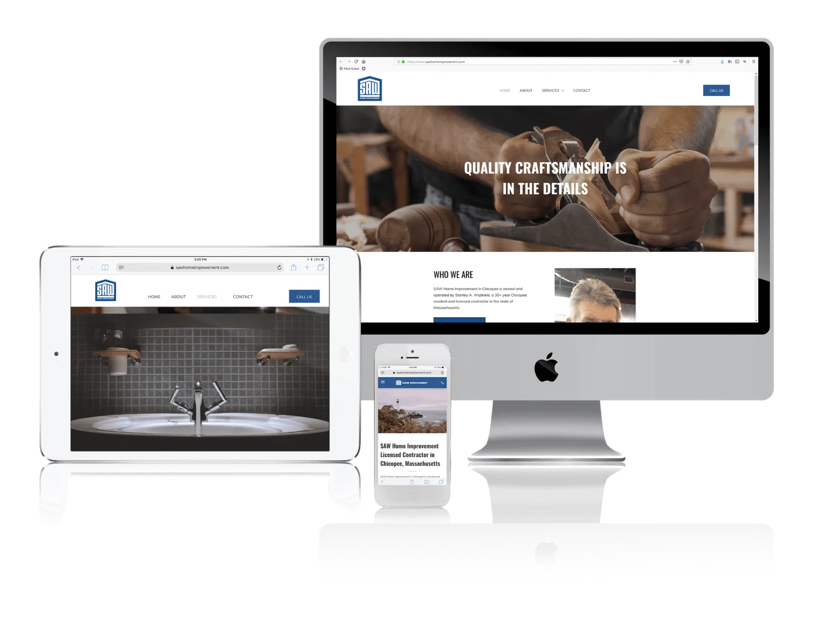 Home remodeling contractor website shown on desktop, laptop, tablet and phone