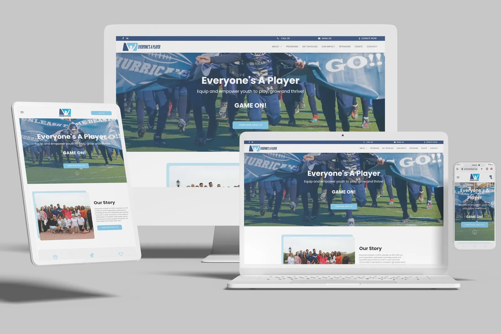 Youth sports nonprofit website shown on desktop, laptop, tablet and phone