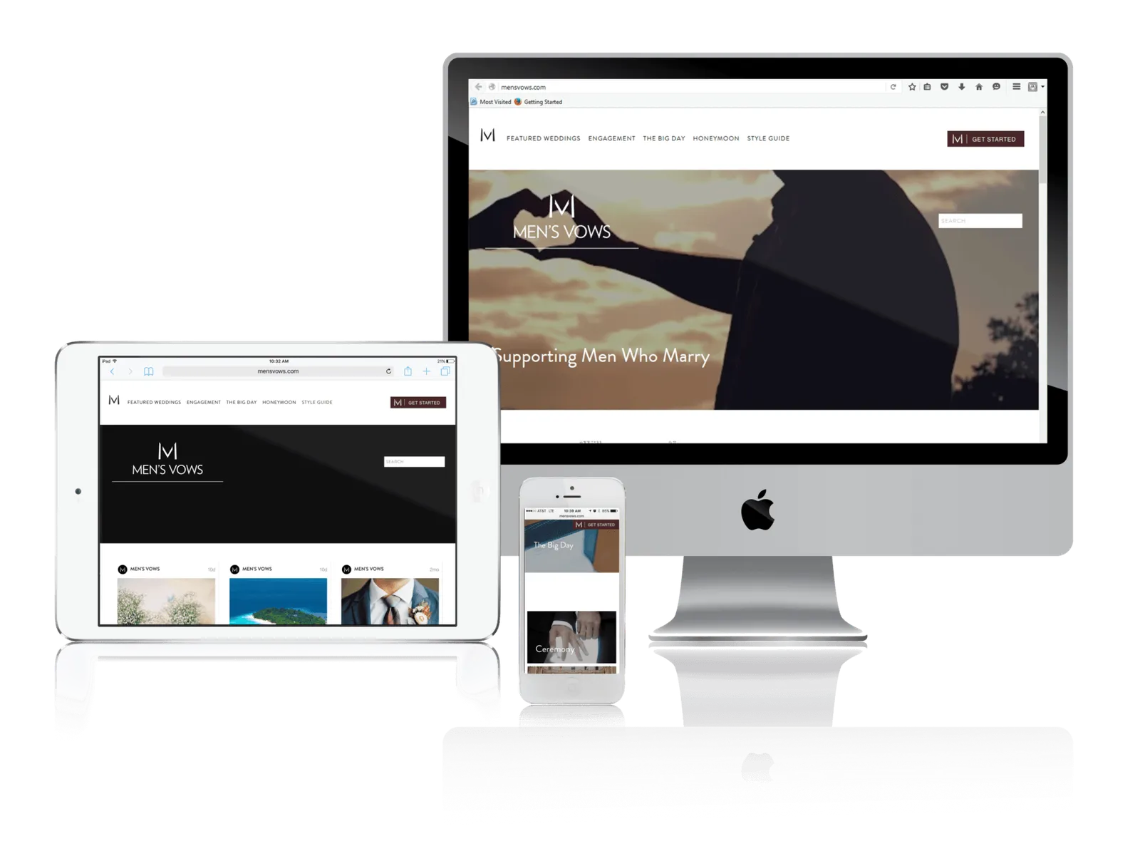 Wedding planning resource for grooms shown on desktop, laptop, tablet and phone