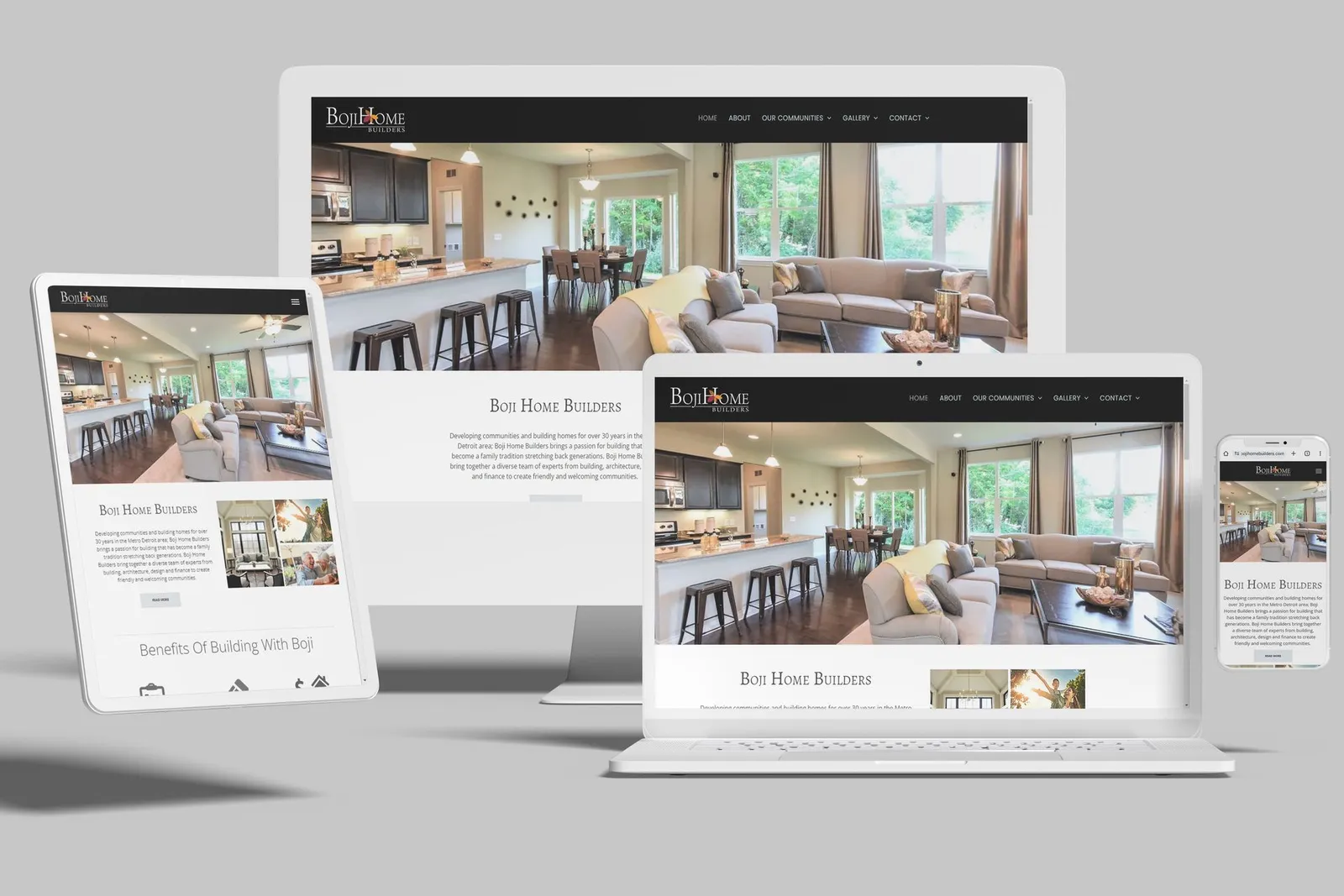 Home builder website shown on desktop, laptop, tablet and phone