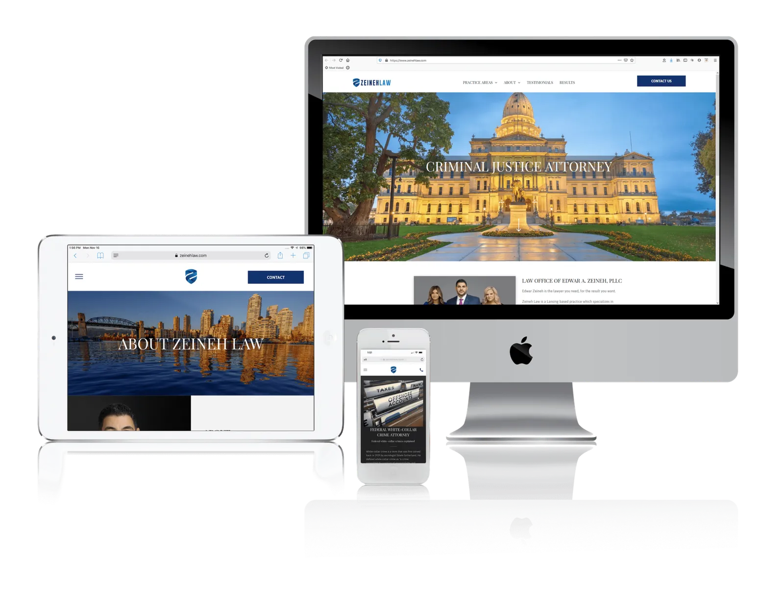 Criminal defense law firm website shown on desktop, laptop, tablet and phone