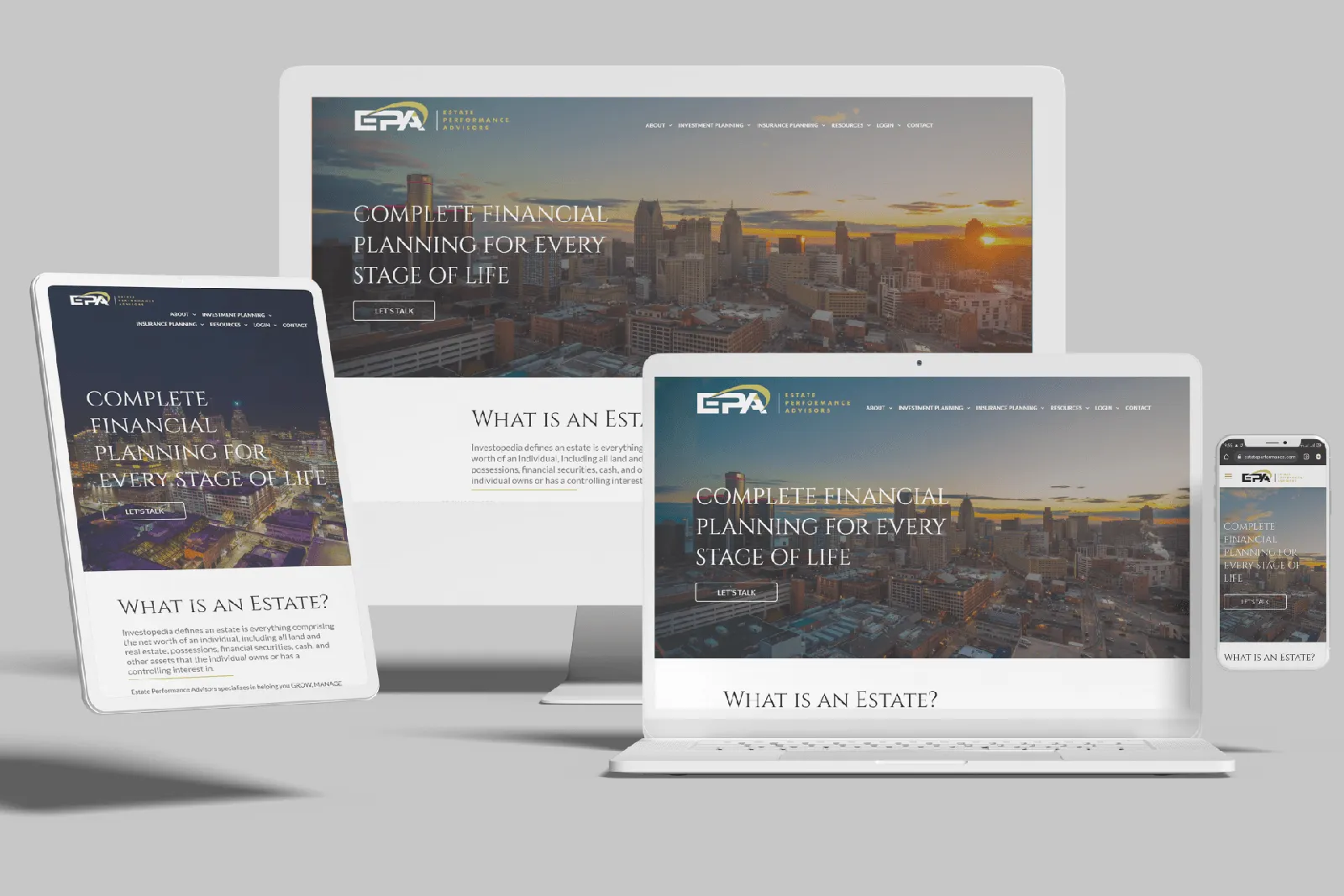 Financial advisory firm website shown on desktop, laptop, tablet and phone