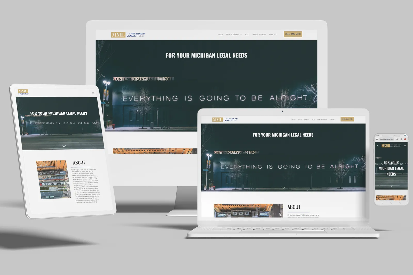 Law firm website shown on desktop, laptop, tablet and phone