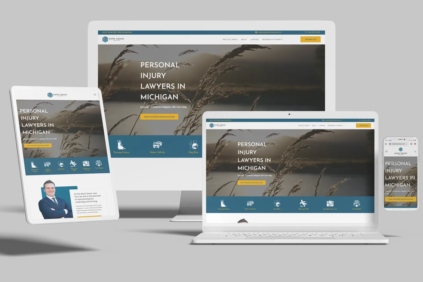Law firm website shown on desktop, laptop, tablet and phone