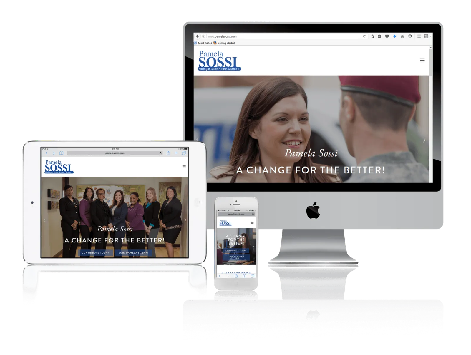 Michigan state house campaign website shown on desktop, laptop, tablet and phone