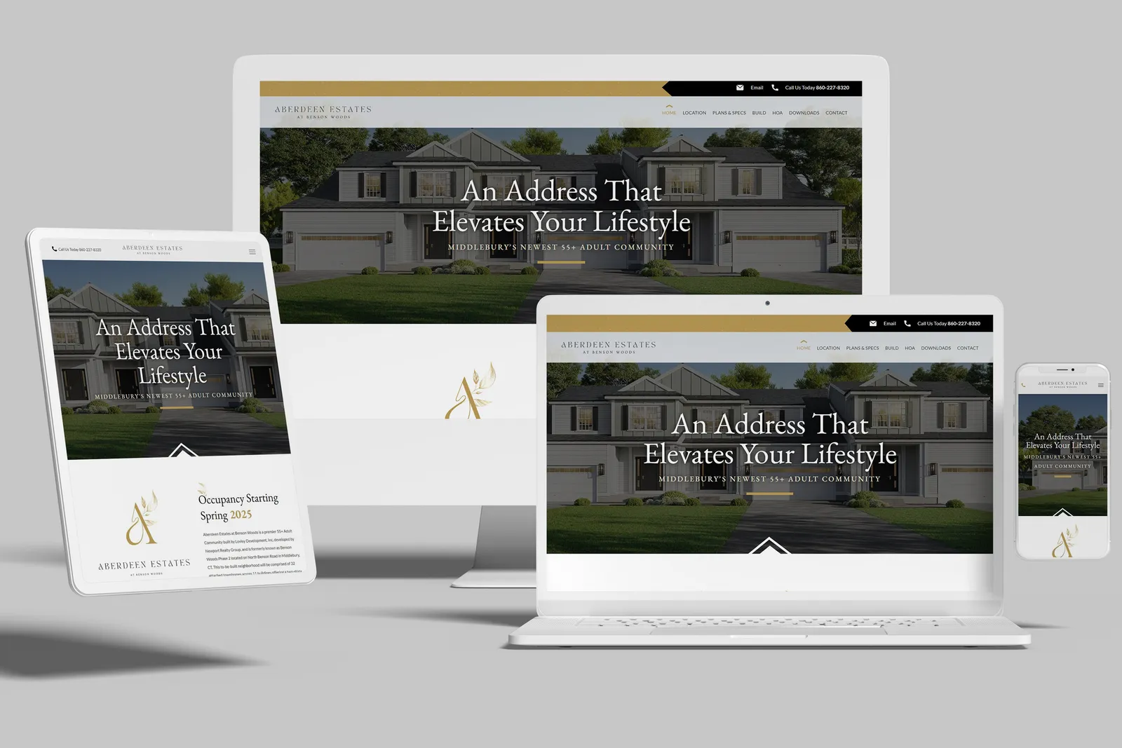 55+ townhome community website shown on desktop, laptop, tablet and phone