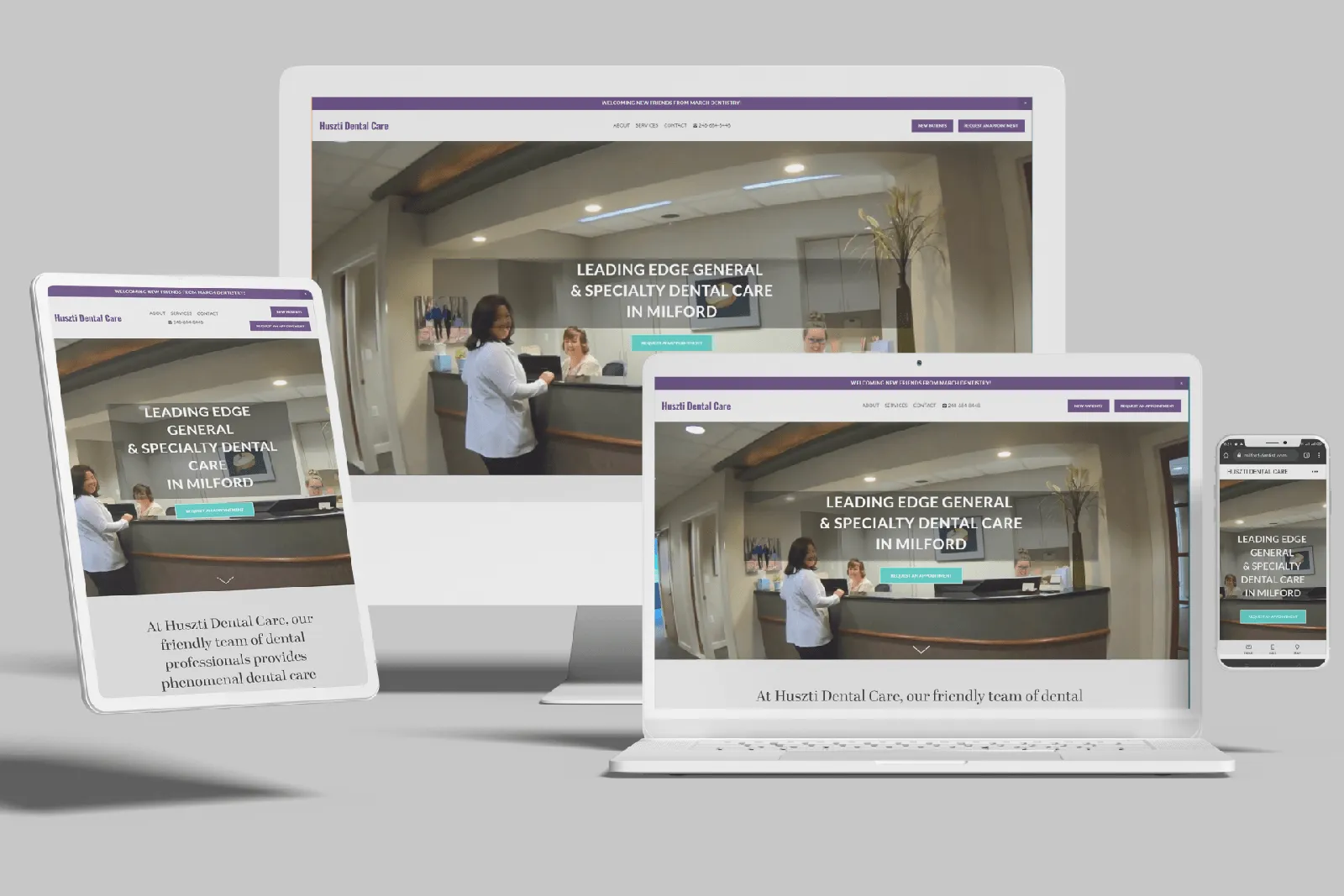 Dental practice website shown on desktop, laptop, tablet and phone