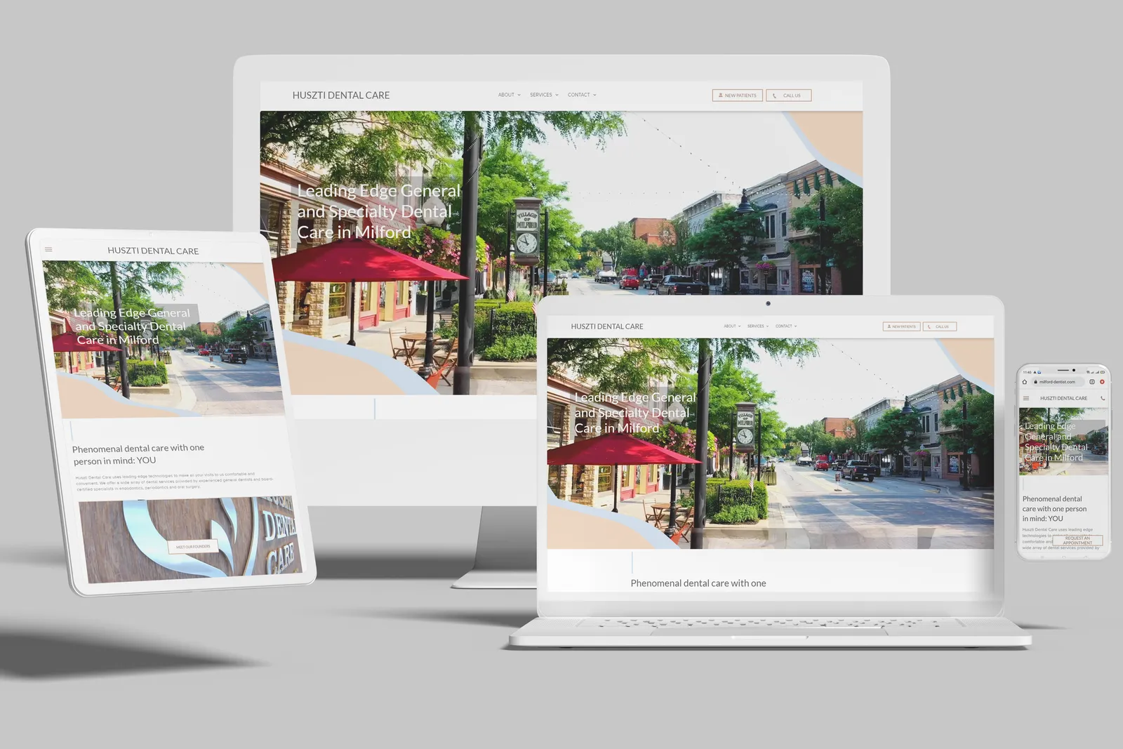 Dental practice website shown on desktop, laptop, tablet and phone