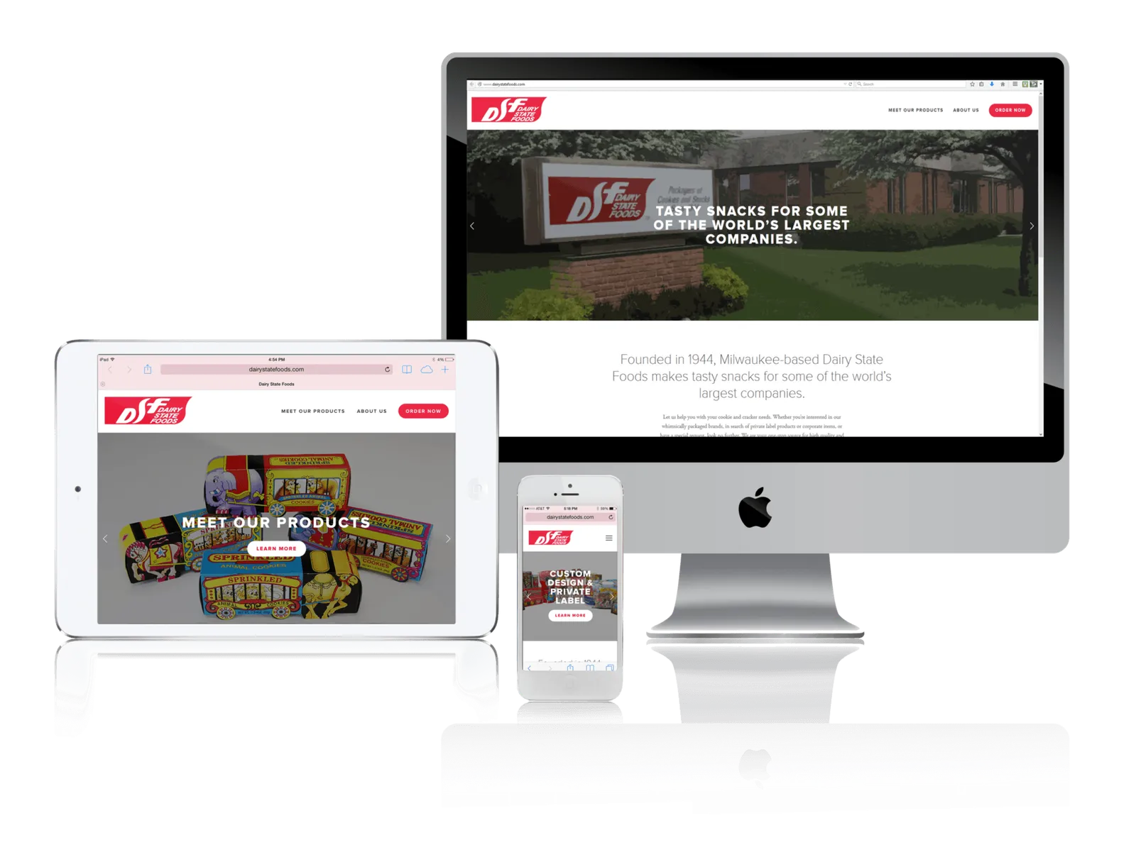 Snack manufacturer website shown on desktop, laptop, tablet and phone