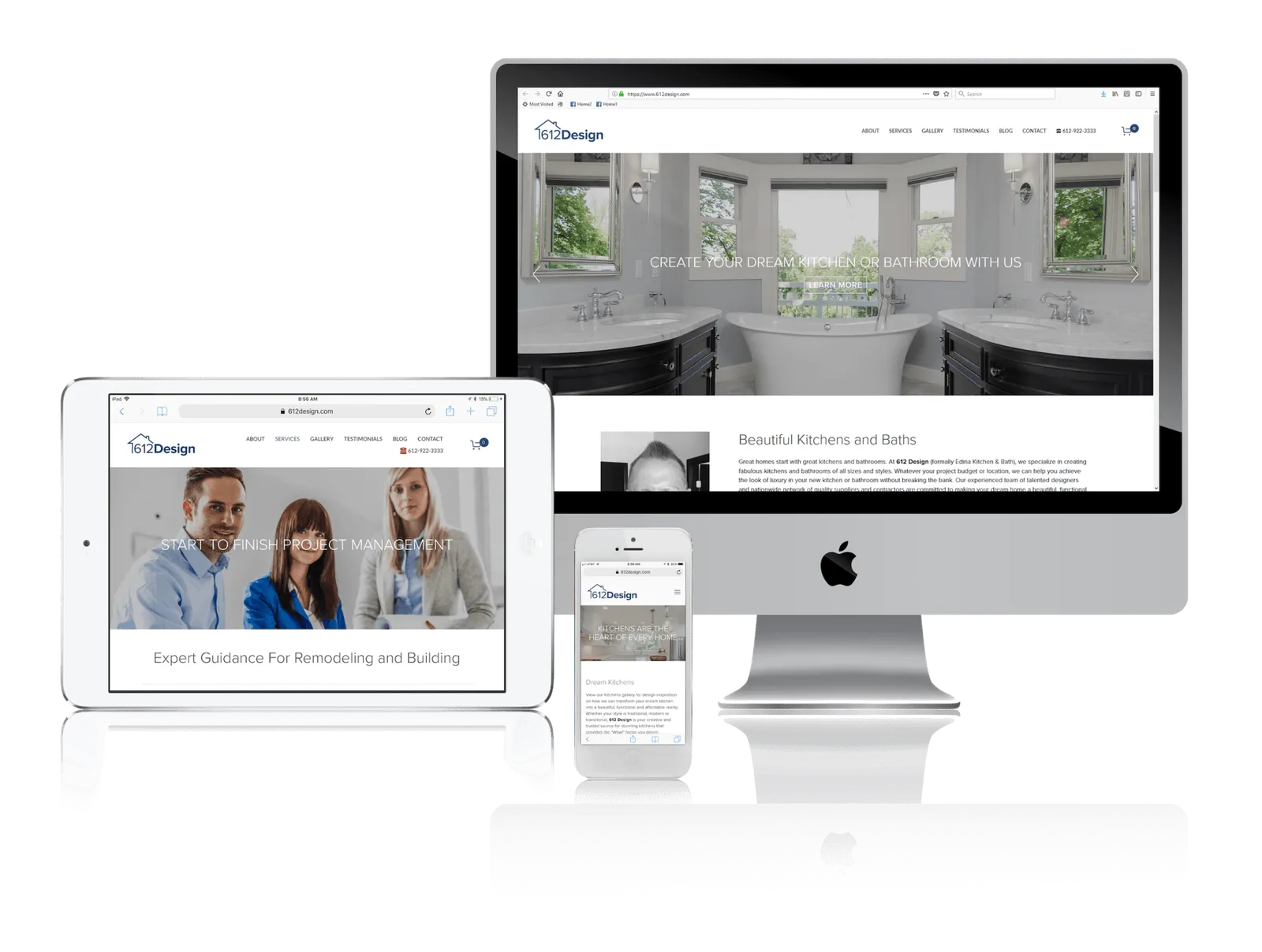 Kitchen and bath remodeler website shown on desktop, laptop, tablet and phone