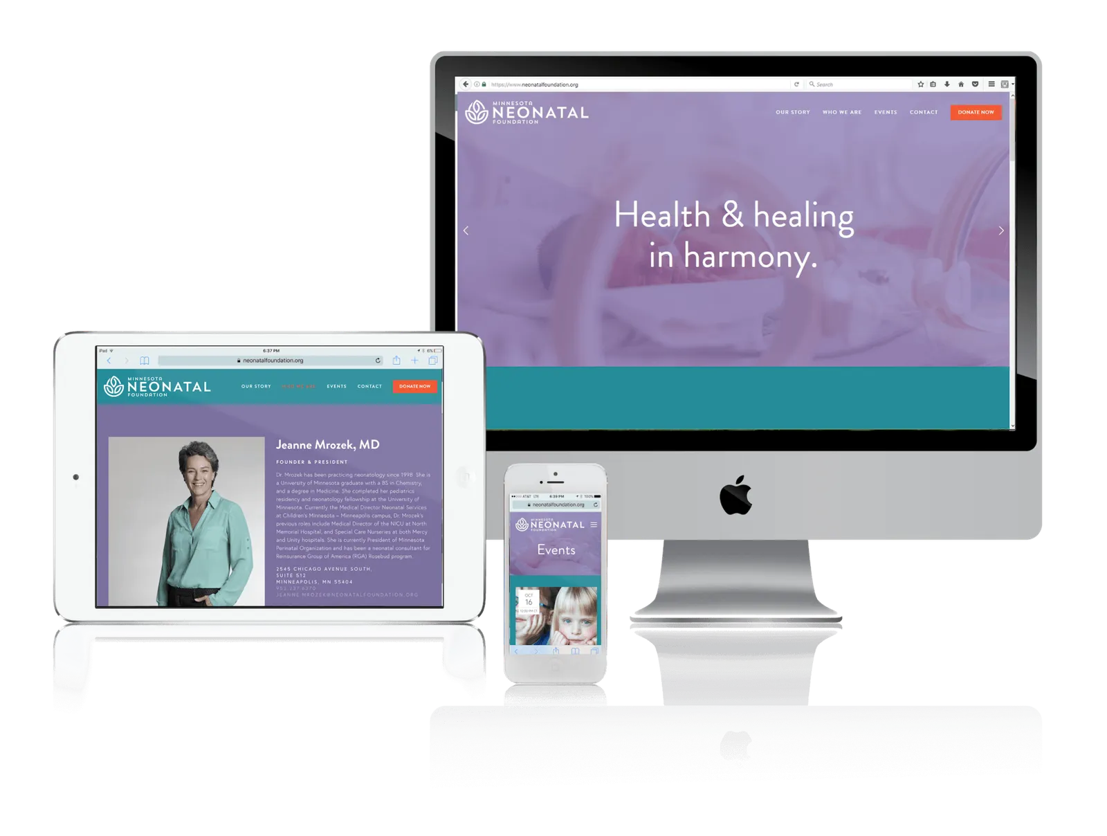 Neonatal nonprofit website shown on desktop, laptop, tablet and phone