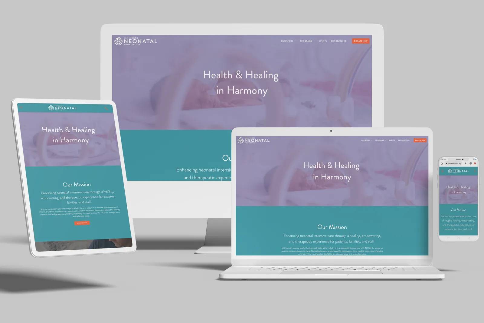 Nonprofit website shown on desktop, laptop, tablet and phone