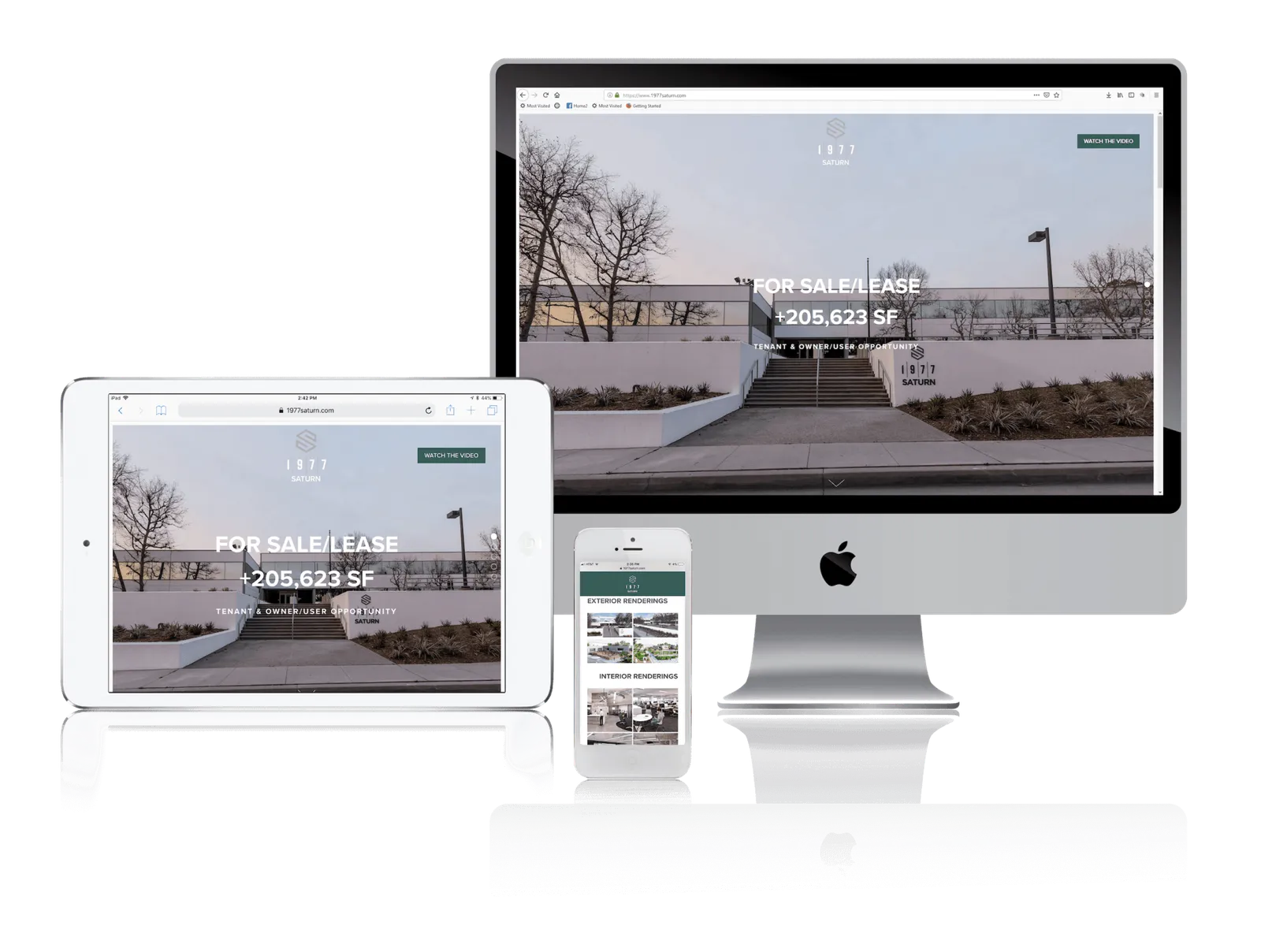 Commercial property website shown on desktop, laptop, tablet and phone