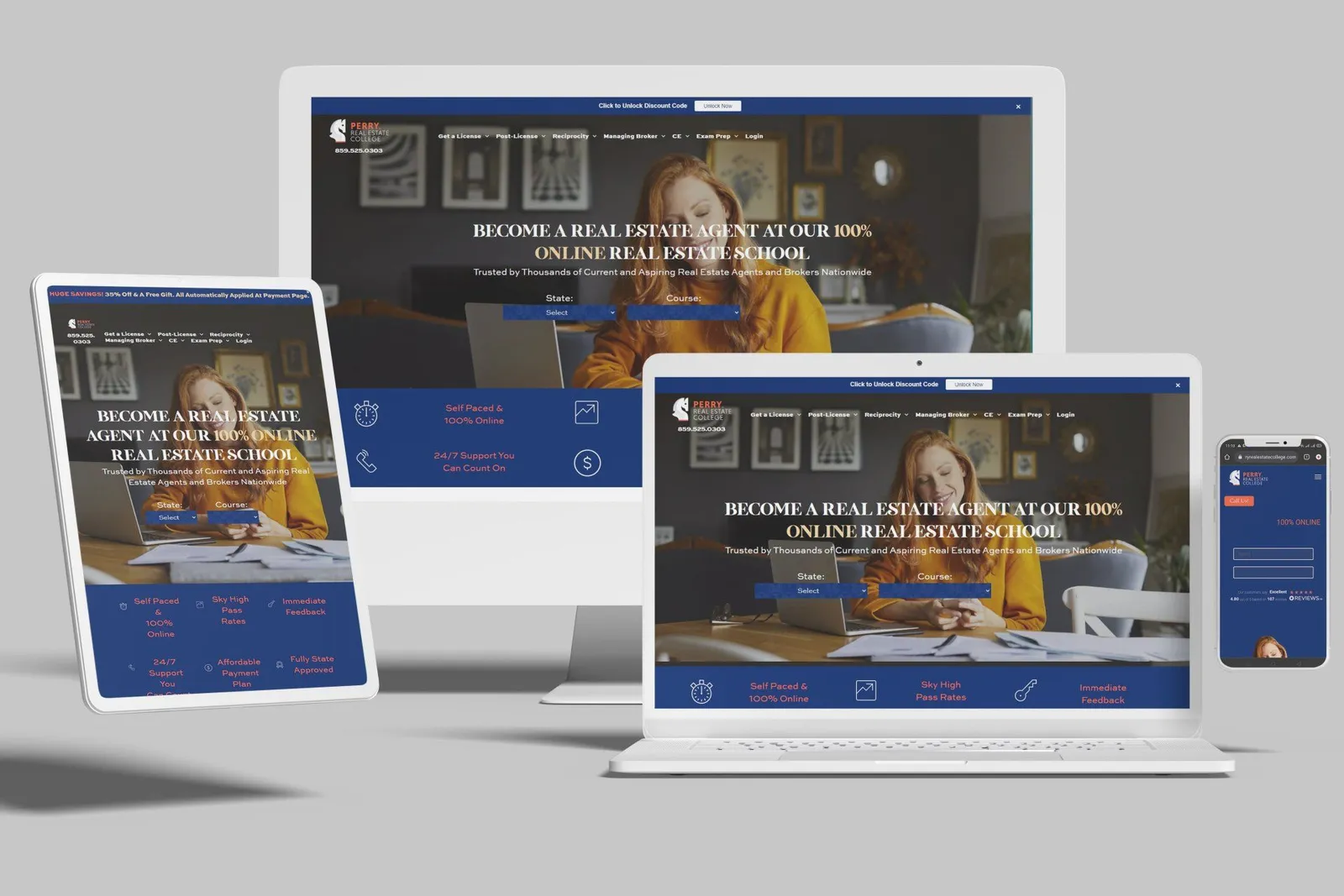 Real estate licensing school website shown on desktop, laptop, tablet and phone