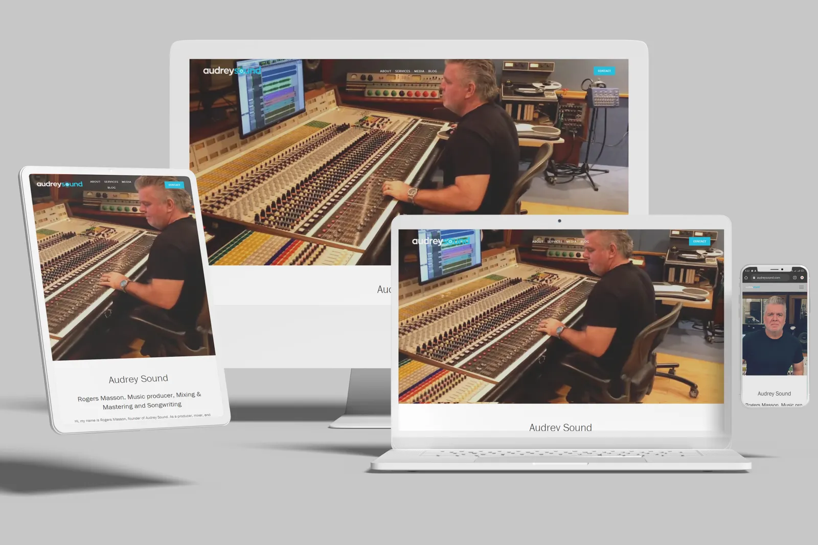 Music production studio website shown on desktop, laptop, tablet and phone