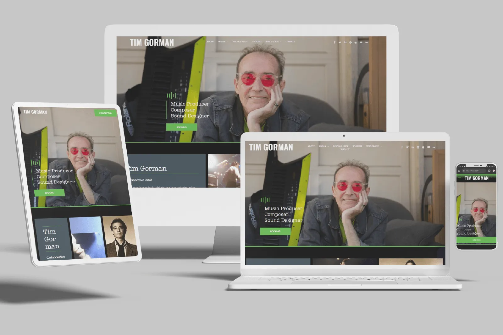 Music producer website shown on desktop, laptop, tablet and phone