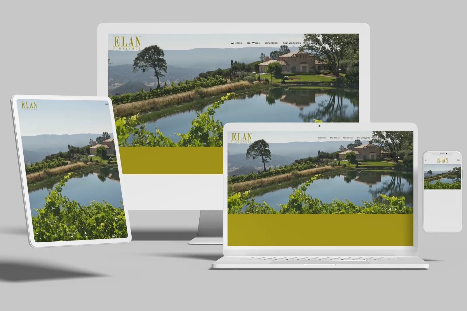 Winery website shown on desktop, laptop, tablet and phone