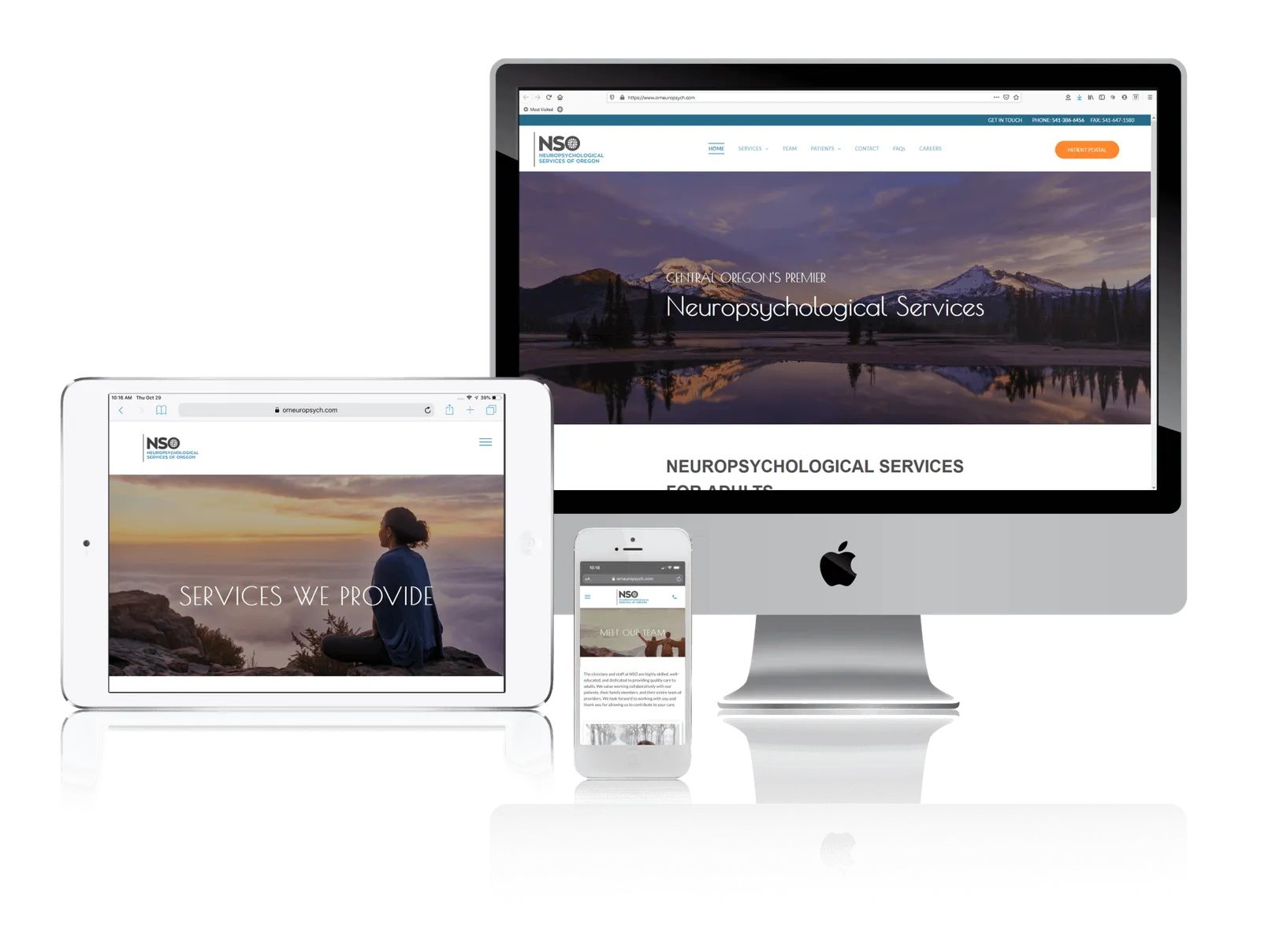 Neuropsychology practice website shown on desktop, laptop, tablet and phone