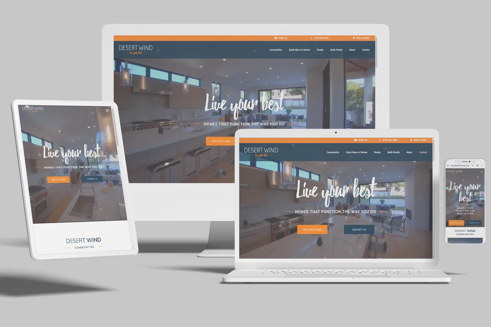Home builder website shown on desktop, laptop, tablet and phone