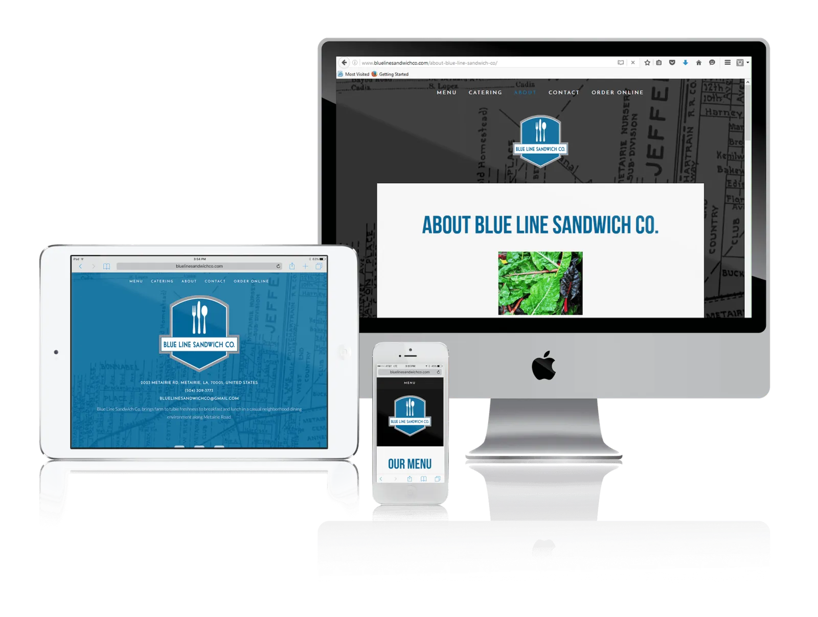 New Orleans sandwich shop website shown on desktop, laptop, tablet and phone