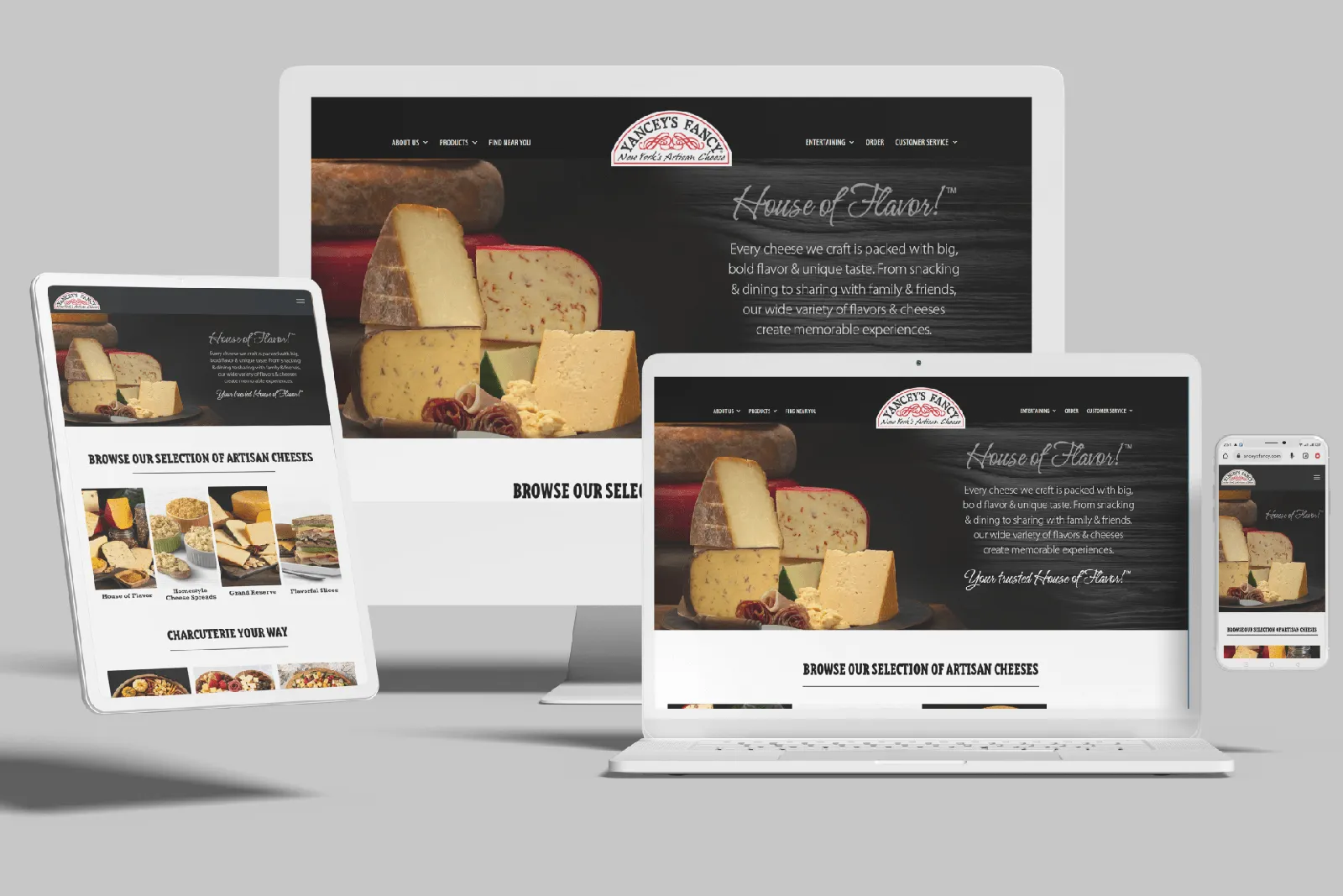 Artisan cheese website shown on desktop, laptop, tablet and phone