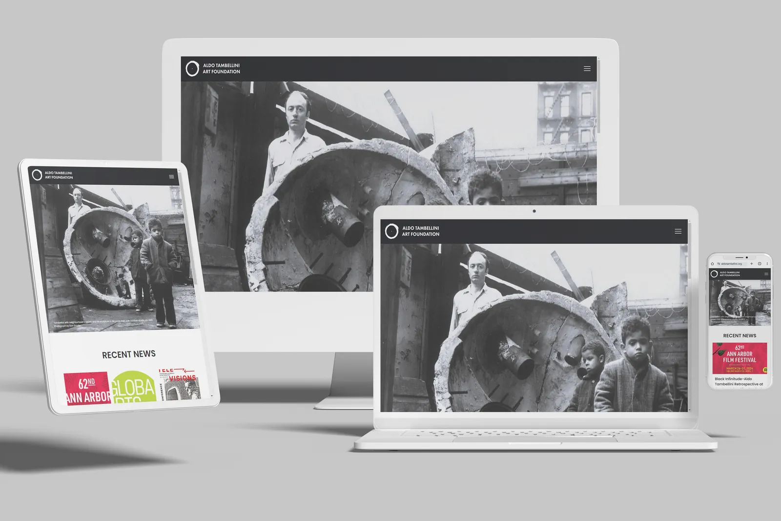 Art foundation website shown on desktop, laptop, tablet and phone