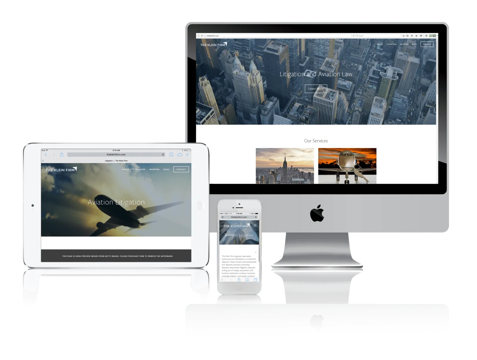 Aviation law firm website shown on desktop, laptop, tablet and phone