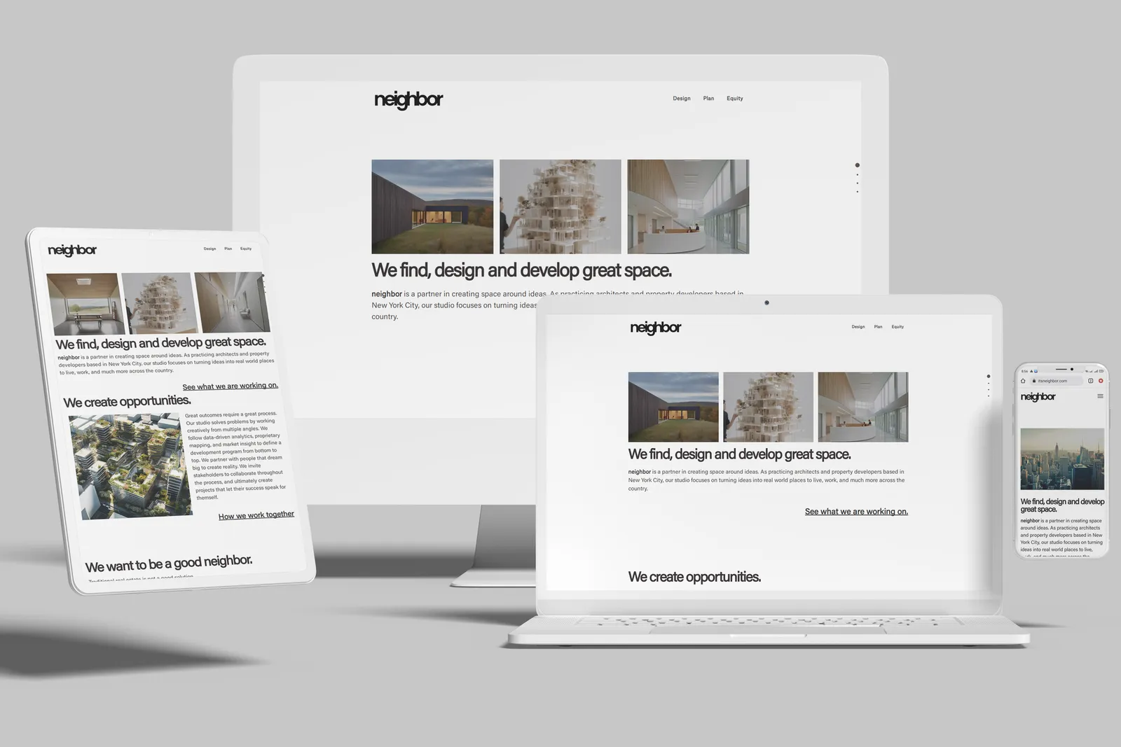 Architecture and development firm website shown on desktop, laptop, tablet and phone
