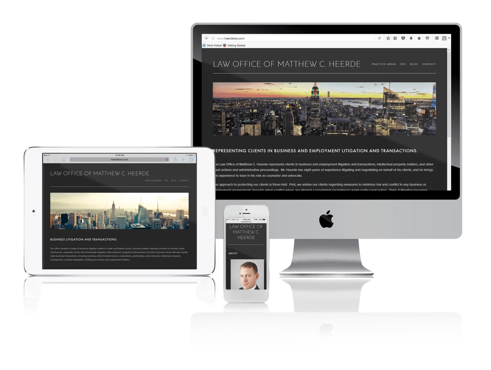 New York City business litigation attorney website shown on desktop, laptop, tablet and phone