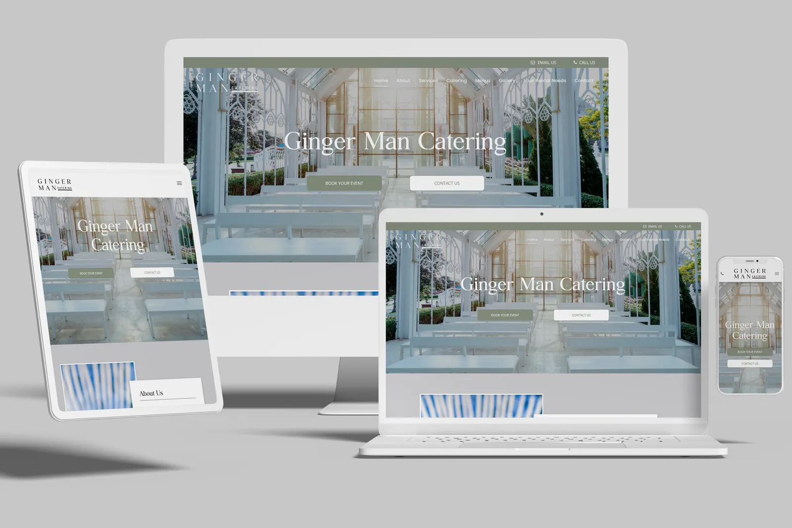 Catering company website shown on desktop, laptop, tablet and phone