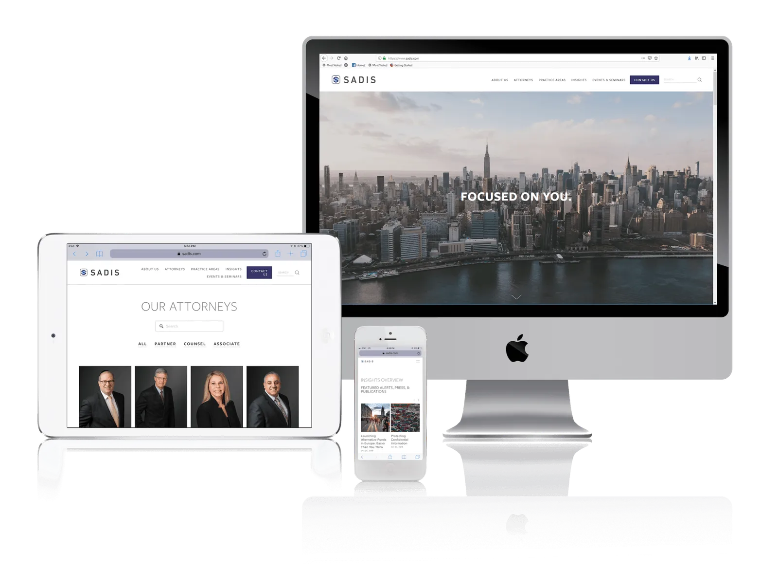 Law firm website shown on desktop, laptop, tablet and phone