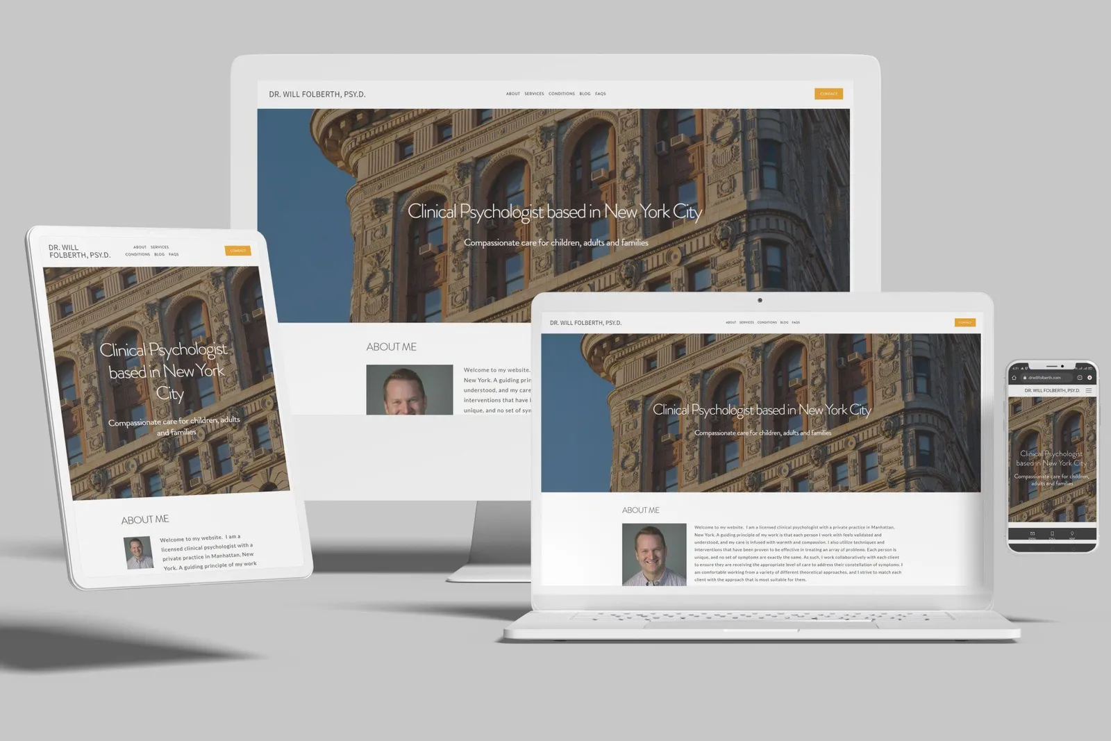 Psychology practice website shown on desktop, laptop, tablet and phone