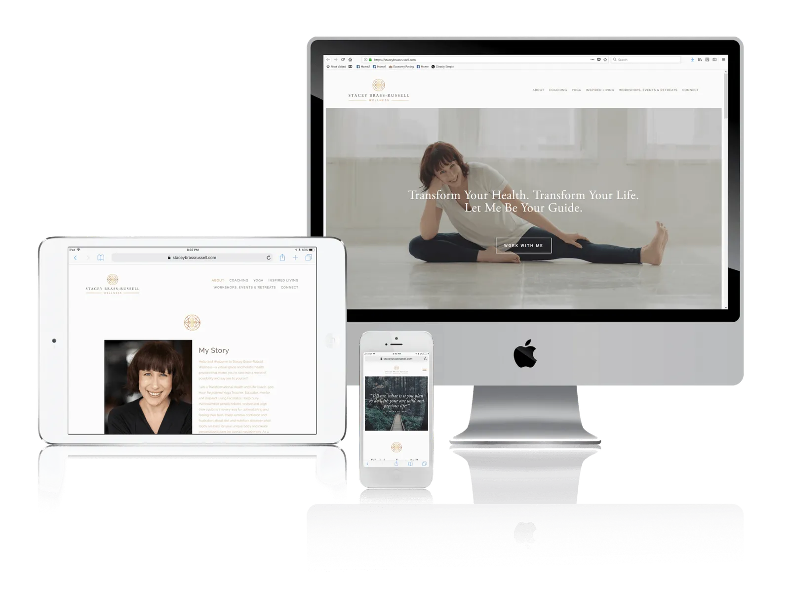 Yoga and wellness coach website shown on desktop, laptop, tablet and phone