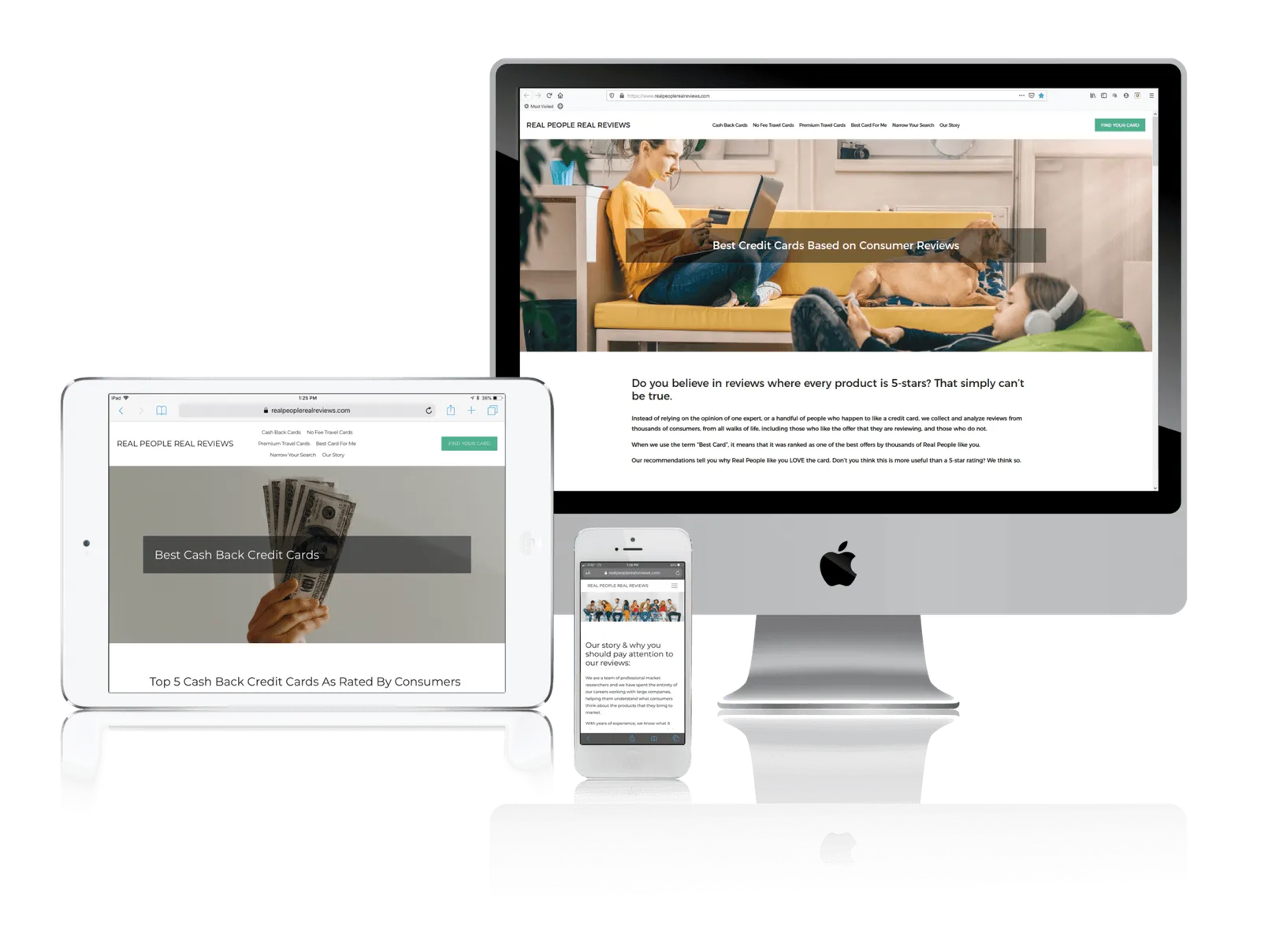Credit card review website shown on desktop, laptop, tablet and phone