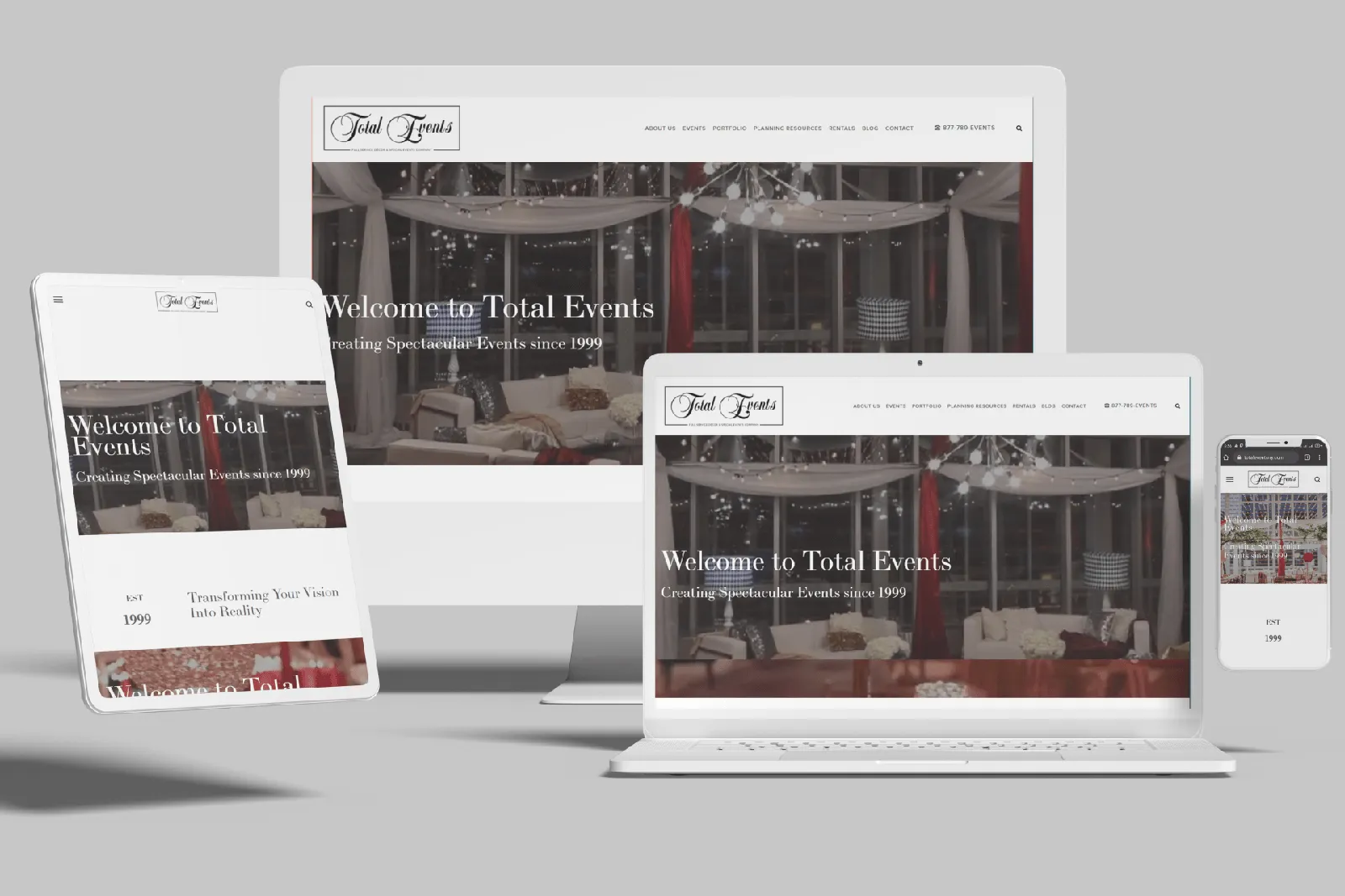 Event planning and decor website shown on desktop, laptop, tablet and phone