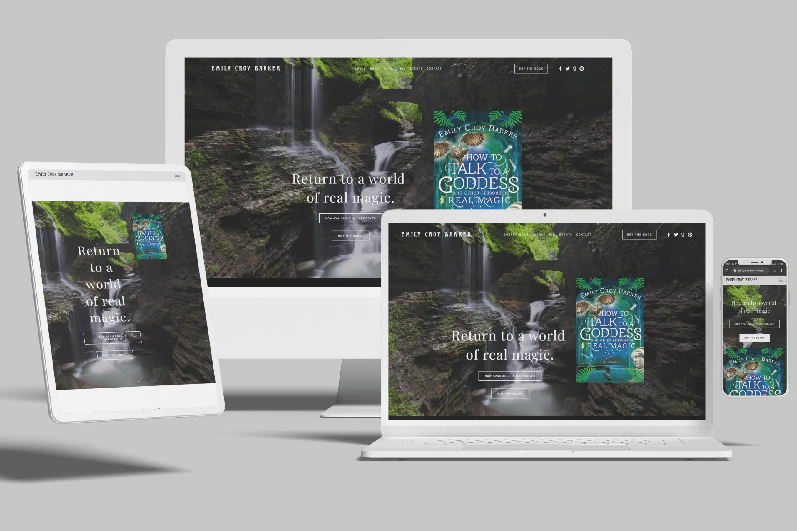 Fantasy author website shown on desktop, laptop, tablet and phone